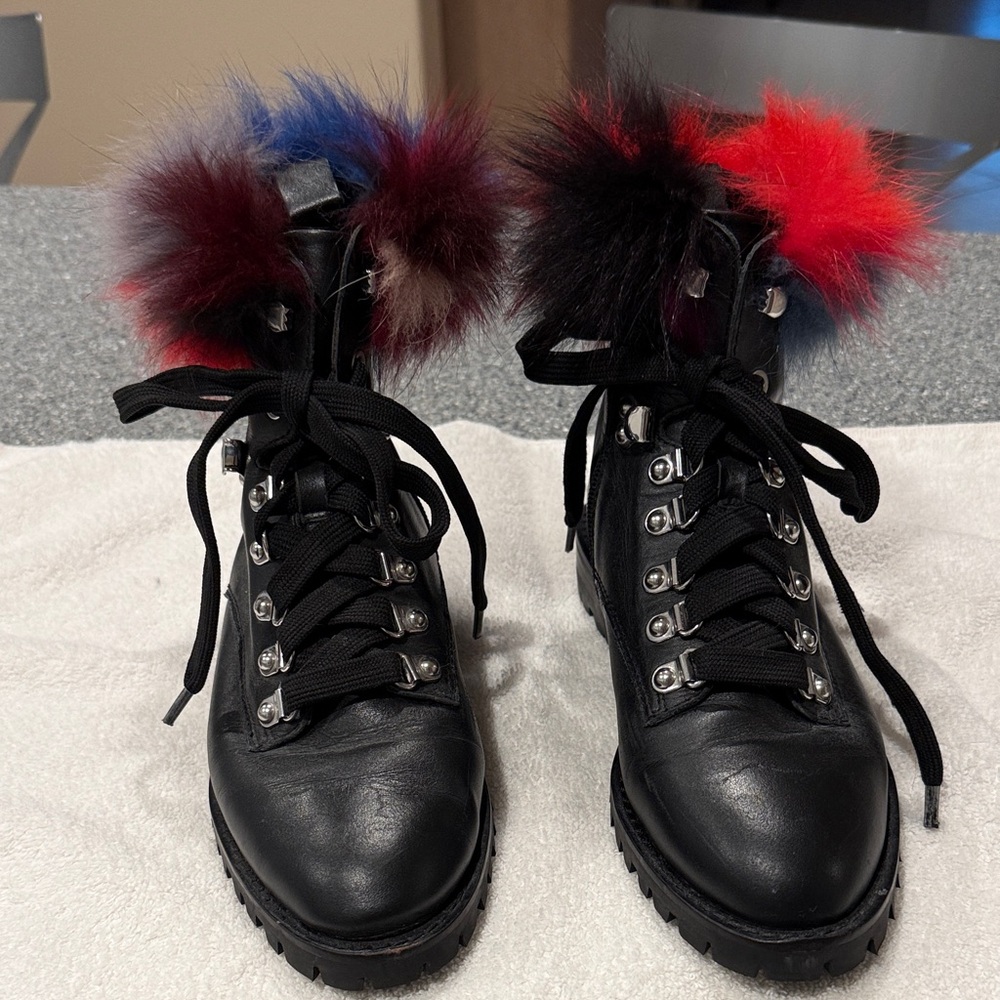 Rebecca Minkoff Black Combat Boots with Red and Blue Fox Fur size 7.